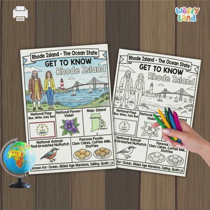 Rhode Island State Study Geography Coloring Page Worksheet Activity | USA
