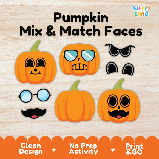 Printable pumpkin mix and match faces activity featuring cute pumpkins and interchangeable eyes, glasses, and mouths for kids.