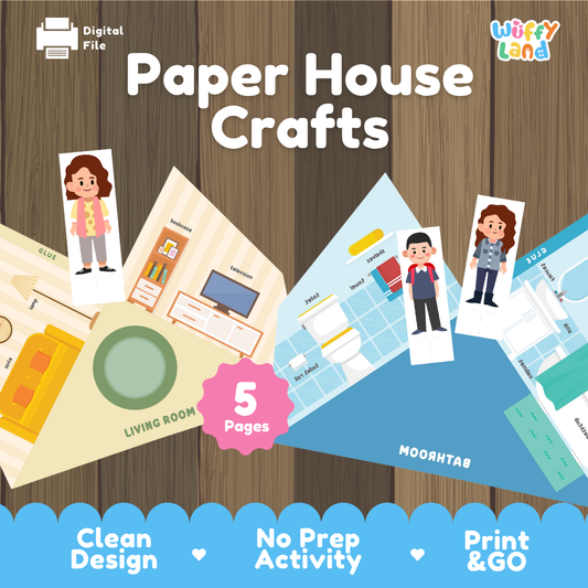 Promotional graphic for a digital 'Paper House Crafts' activity bundle by Wiffy Land, showing sample printable pages and cutout figures on a wood plank background with feature callouts at the bottom.
