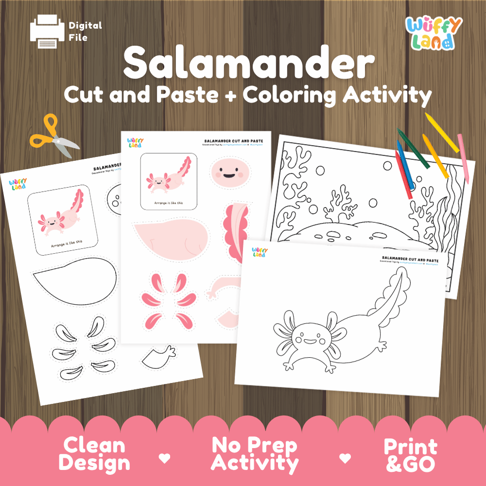 Salamander Cut and Paste Craft and Coloring Activity Worksheets
