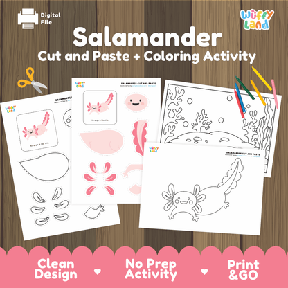 Salamander Cut and Paste Craft and Coloring Activity Worksheets