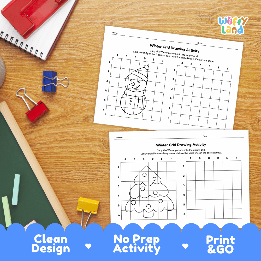 Winter Grid Drawing Activity Worksheets