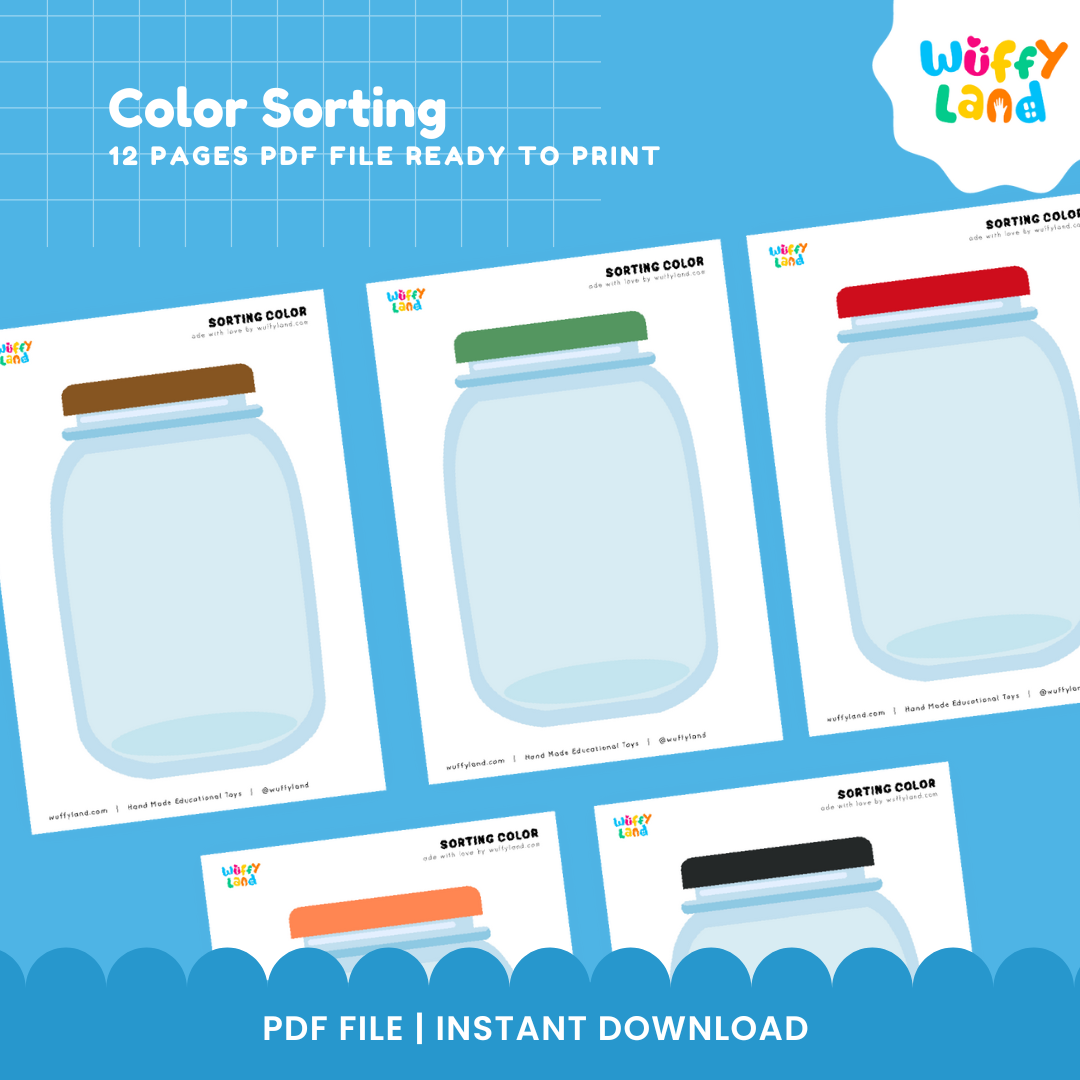 Toddler color recognition activity with printable sorting jars and colorful object cards for cut-and-paste learning and fine motor practice.