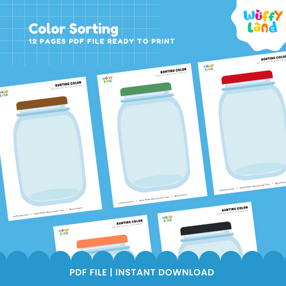 Toddler color recognition activity with printable sorting jars and colorful object cards for cut-and-paste learning and fine motor practice.